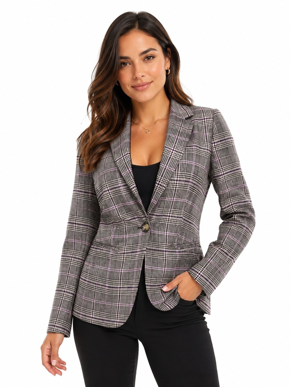 VENUS Gray Plaid Blazer with Pink Windowpane Accent